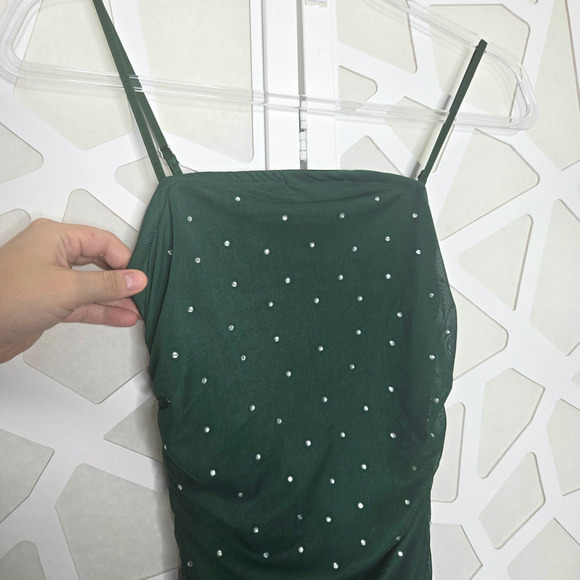 Green Ruched High Slit Rhinestone Midi Dress Size SM Formal Hoco Y2K Glam Party - Picture 3 of 8